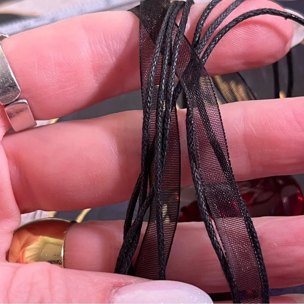 Vintage 1990s red glass heart CZ black Gothic sheer ribbon with silver necklace